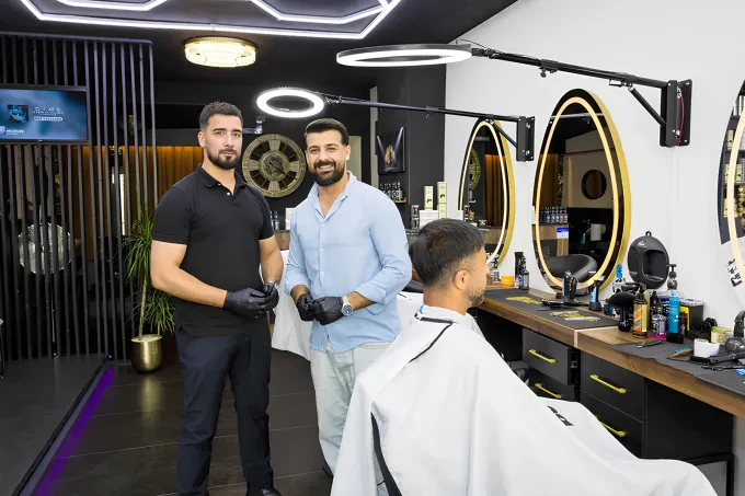 Njwar and Shevan at The Crown Barber Shop in Brugge